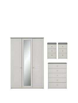 Product photograph of One Call Alderley Part Assembled 4 Piece Package - 3 Door Mirrored Wardrobe Chest Of 5 Drawers And 2 Bedside Chests from very.co.uk