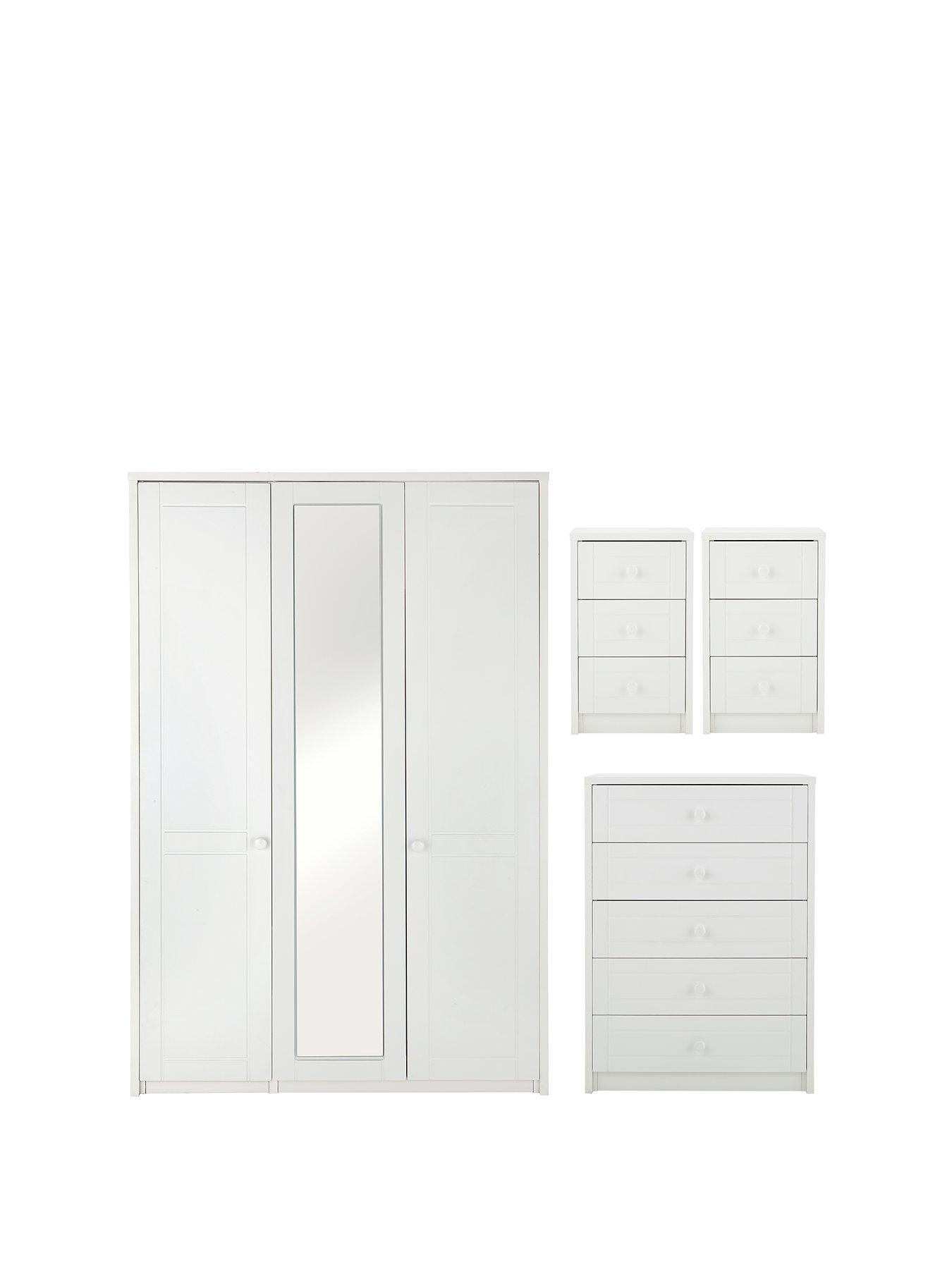 undefined Alderley Part Assembled 4 Piece Package - 3 Door Mirrored Wardrobe, Chest of 5 Drawers and 2 Bedside Chests