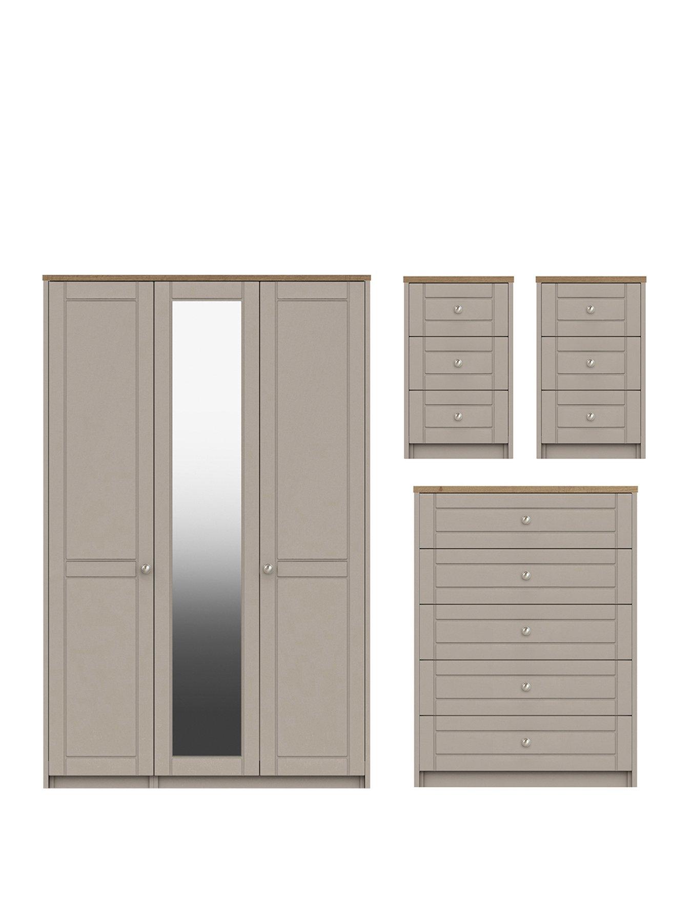 undefined Alderley Part Assembled 4 Piece Package - 3 Door Mirrored Wardrobe, Chest of 5 Drawers and 2 Bedside Chests
