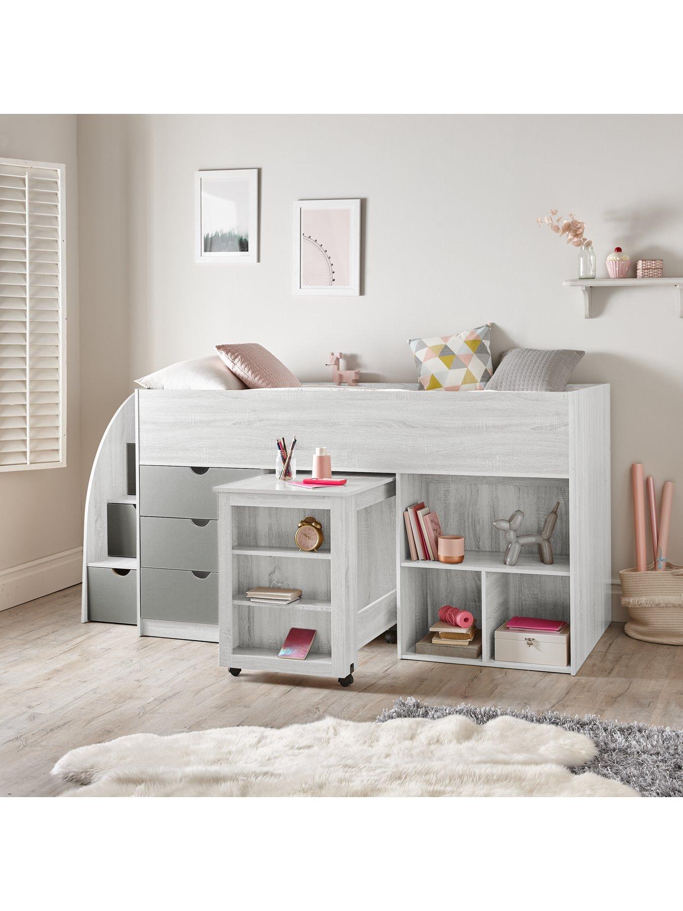 white mid sleeper bed with desk