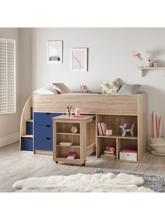 stillFront image of mico-mid-sleeper-bed-with-pull-out-desk-andnbspstorage-oak-effectblue