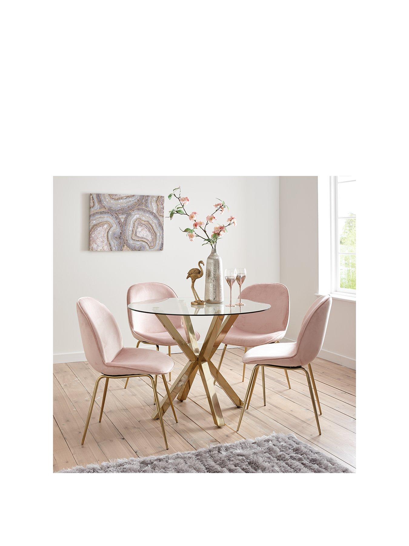 Very Home Chopstick 100Cm Round Brass Dining Table + 4 Penny Velvet Chairs - Brass/Pink