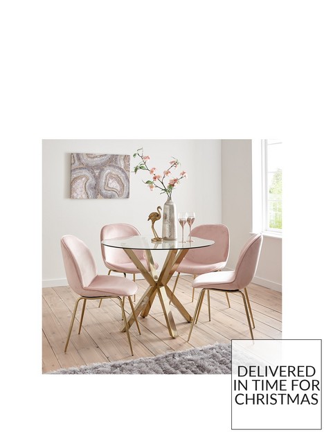 michelle-keegan-home-chopstick-100cm-round-brass-dining-table-4-penny-velvet-chairs-brasspink