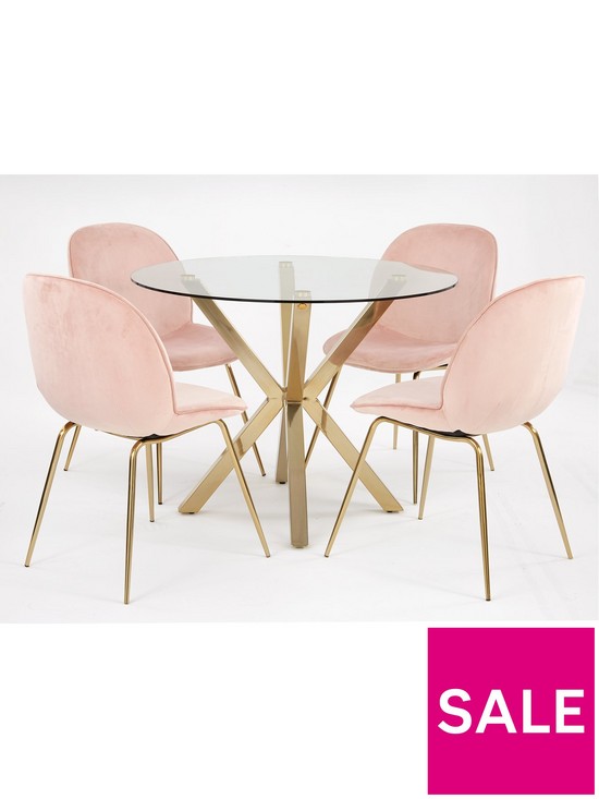 stillFront image of very-home-chopstick-100cm-round-brass-dining-table-4-penny-velvet-chairs-brasspink