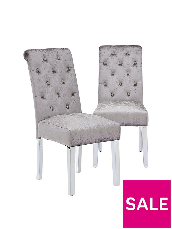 Pair Of Crushed Velvet Scroll Back, Silver Dining Chairs Uk
