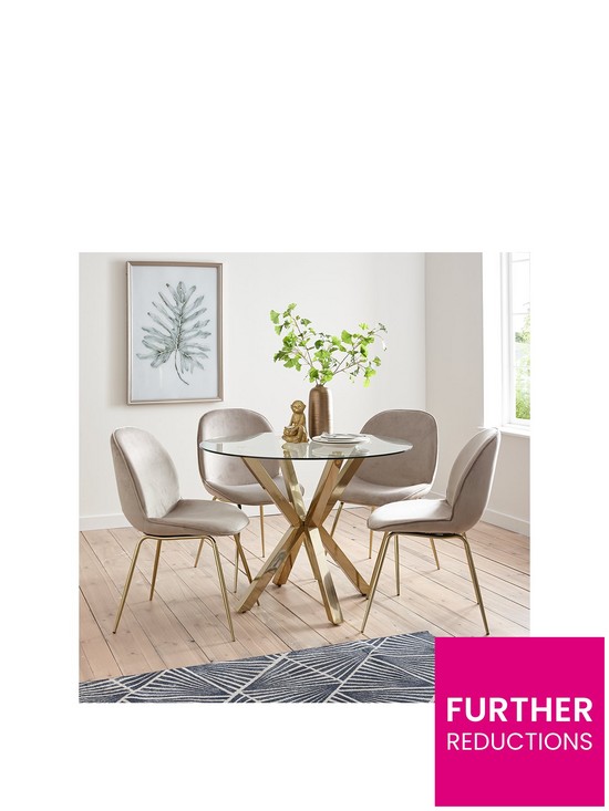 front image of michelle-keegan-home-chopstick-100-cm-round-brass-dining-table-4-penny-velvet-chairs-brasstaupe