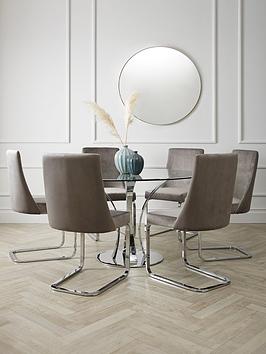 Product photograph of Very Home Alice 130 Cm Round Dining Table 6 Velvet Chairs - Clear Grey from very.co.uk