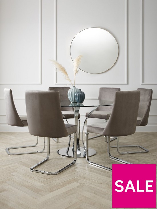 front image of alice-130-cm-round-dining-table-6-velvet-chairs-cleargrey