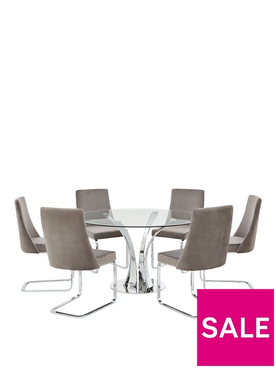 stillFront image of alice-130-cm-round-dining-table-6-velvet-chairs-cleargrey