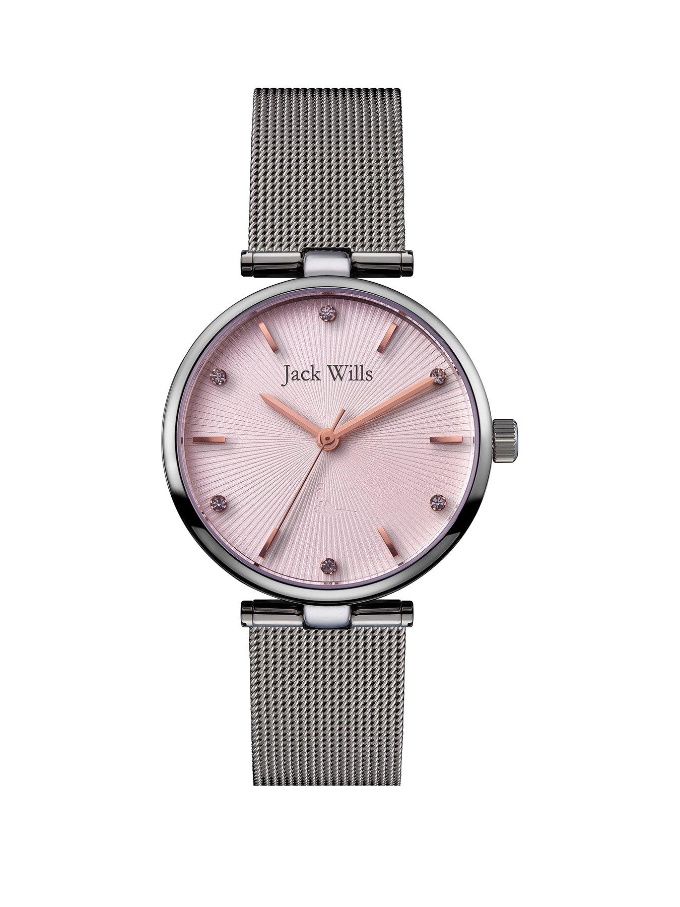 Jack Wills Jack Wills Pink Fan Textured Rose Gold Detail And Crystal Set Dial Stainless Steel Mesh Strap Ladies Watch review