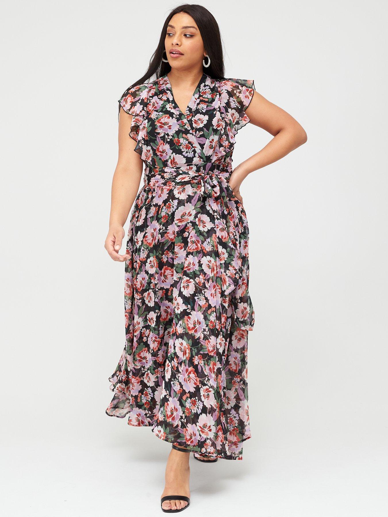 Women Summer V-Neck Floral Print Sleeveess lWrapped Tied Side Long Maxi Dress UK