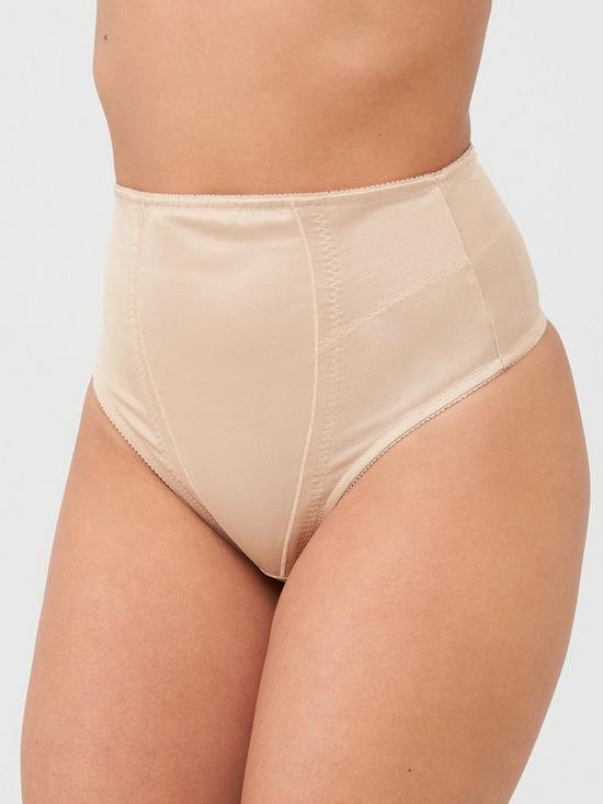front image of pour-moi-hourglass-firm-control-thong-caramel