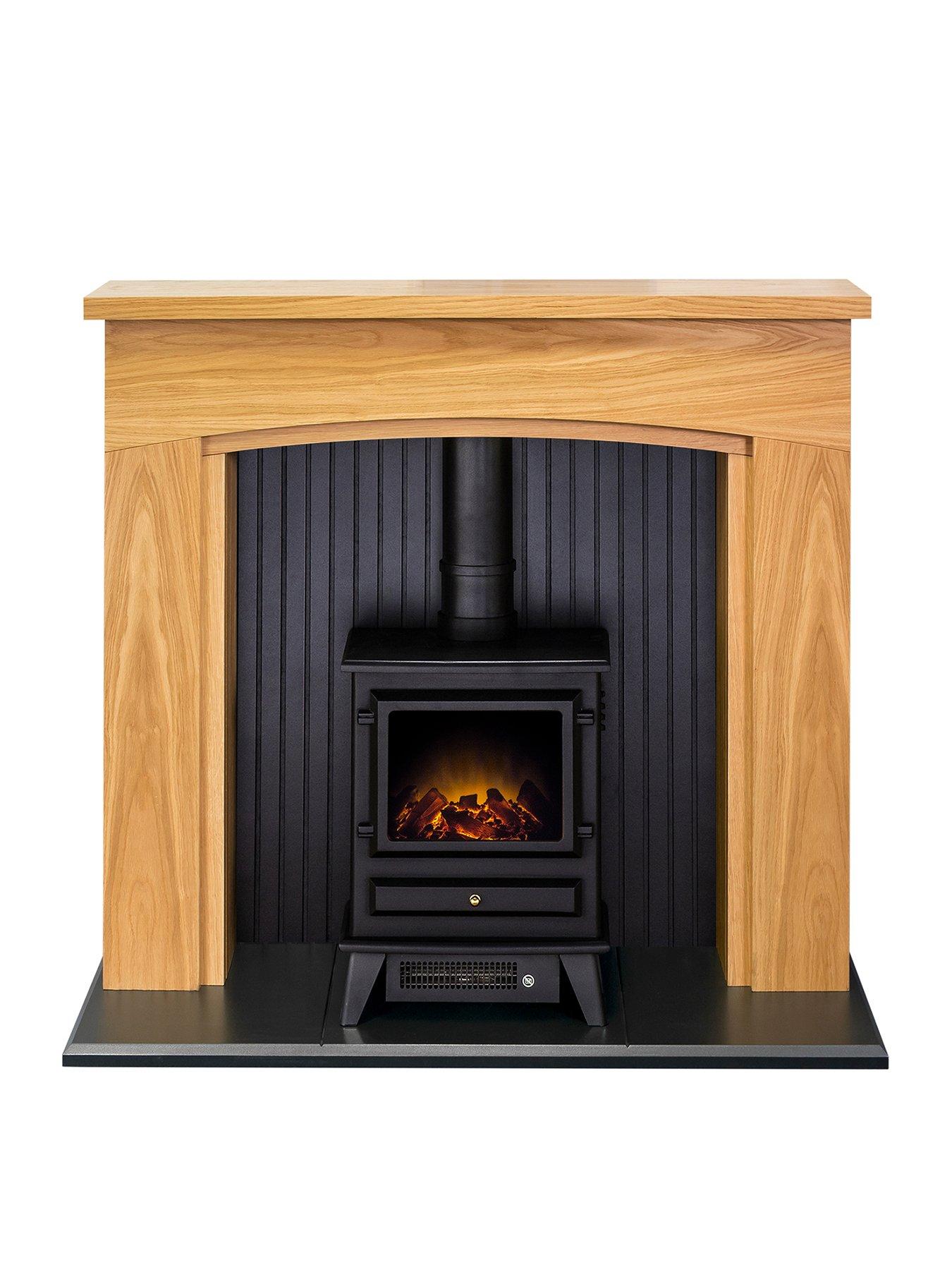 Product photograph of Adam Fires Fireplaces Turin Oak Black Fireplace With Hudson Black Electric Stove from very.co.uk