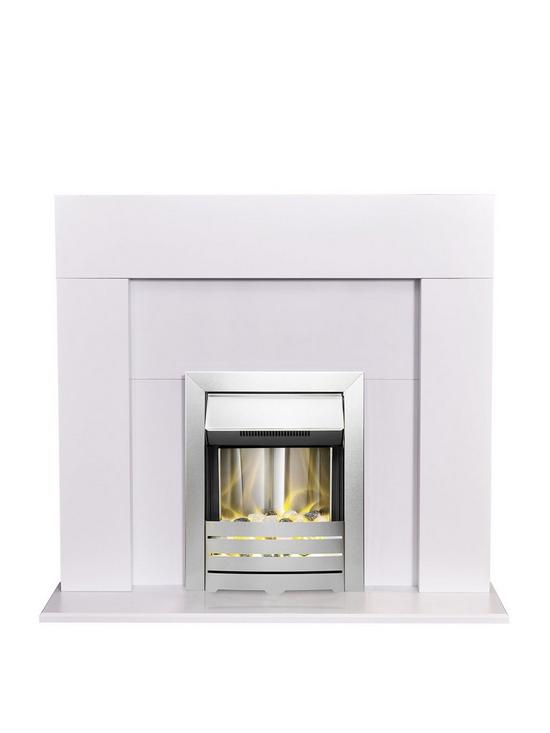 front image of adam-fires-fireplaces-miami-white-fireplace-with-helios-brushed-steel-electric-fire