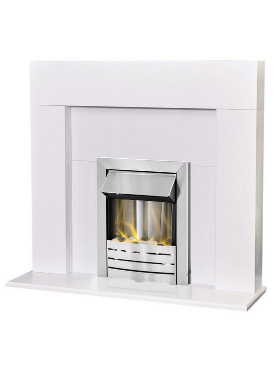 stillFront image of adam-fires-fireplaces-miami-white-fireplace-with-helios-brushed-steel-electric-fire