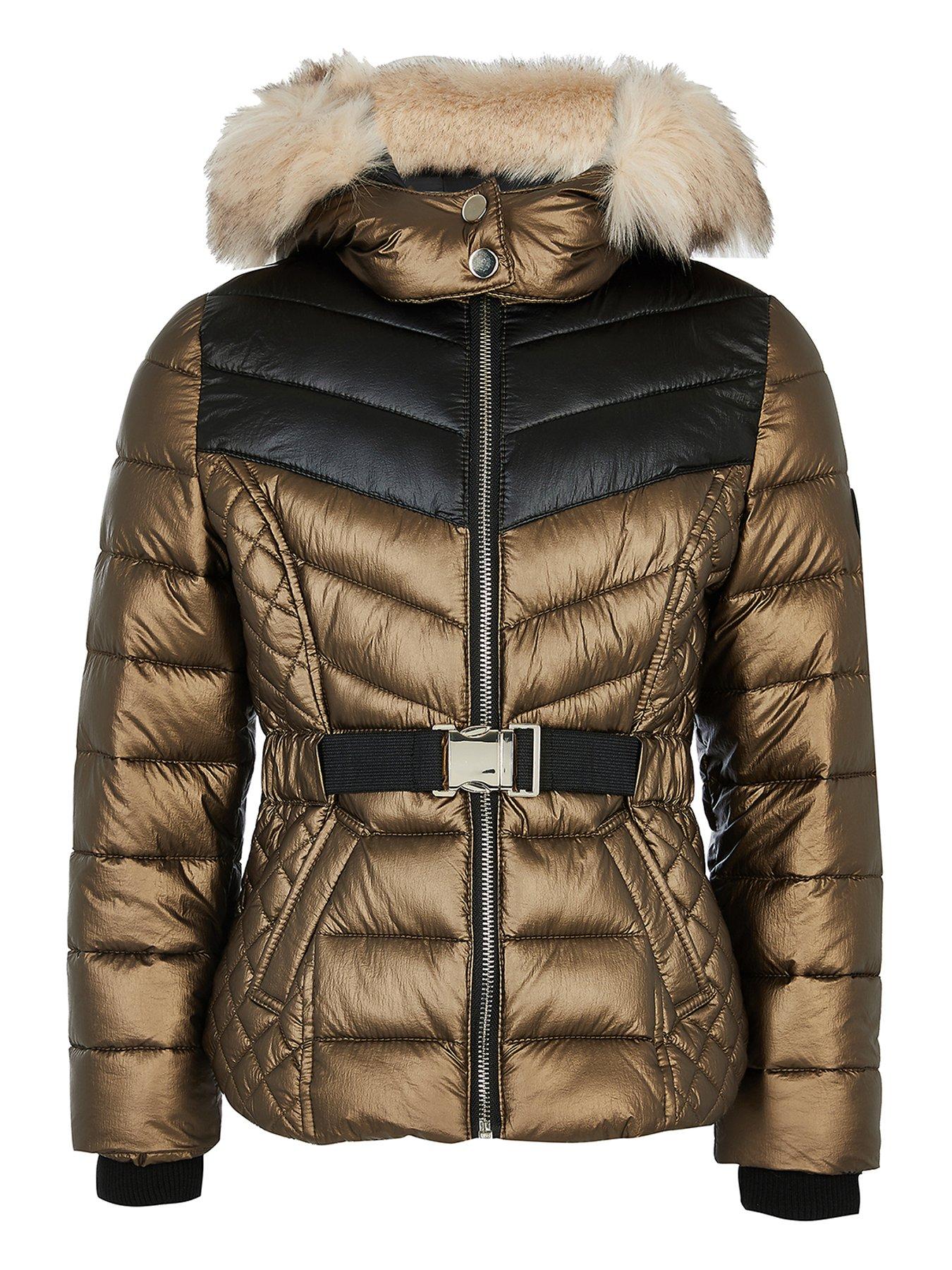 brown padded coat with fur hood