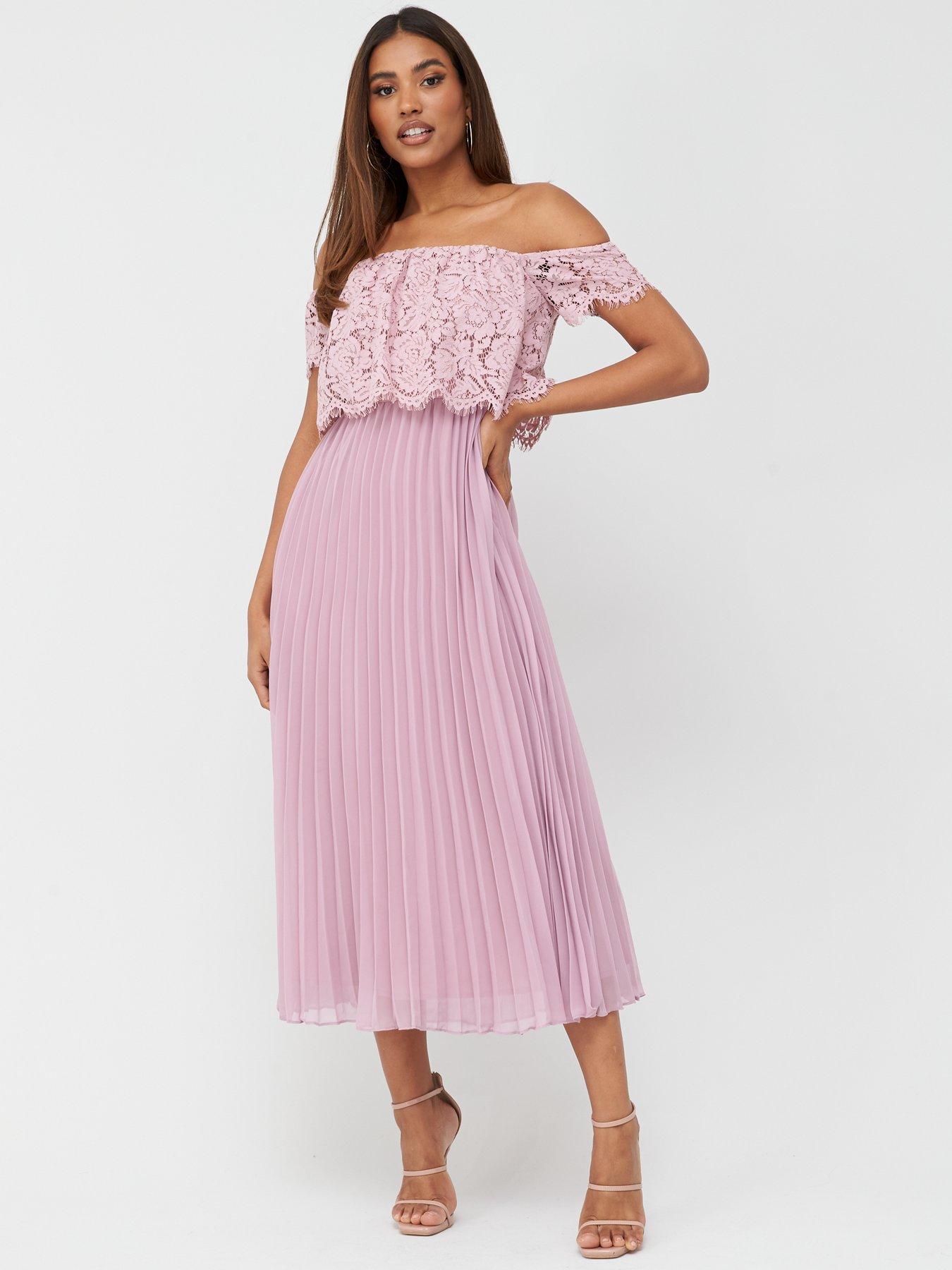 bardot pleated maxi prom dress