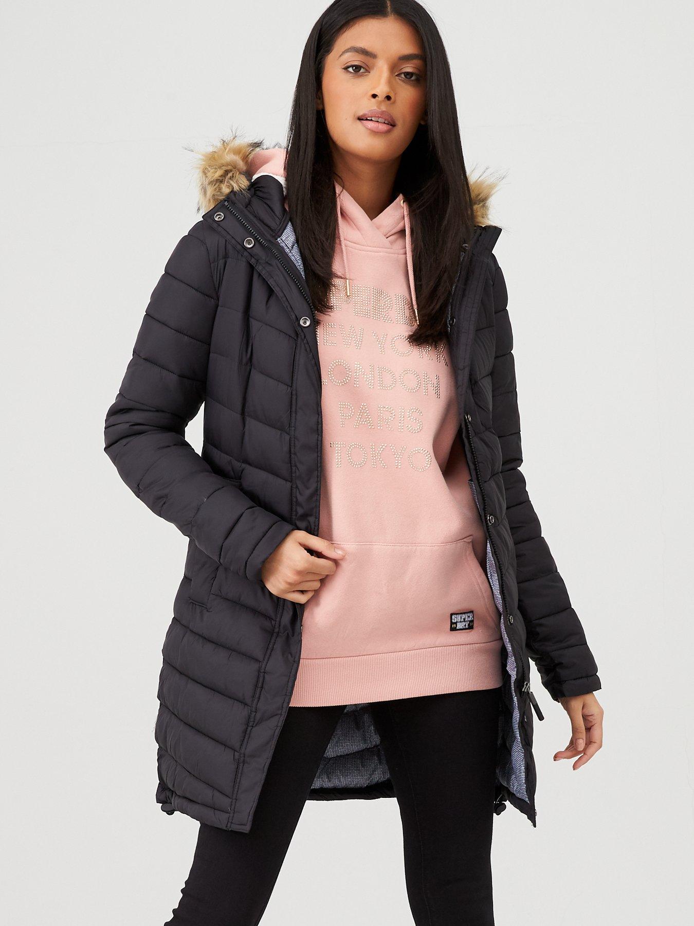 superdry chevron padded parka with faux fur hood