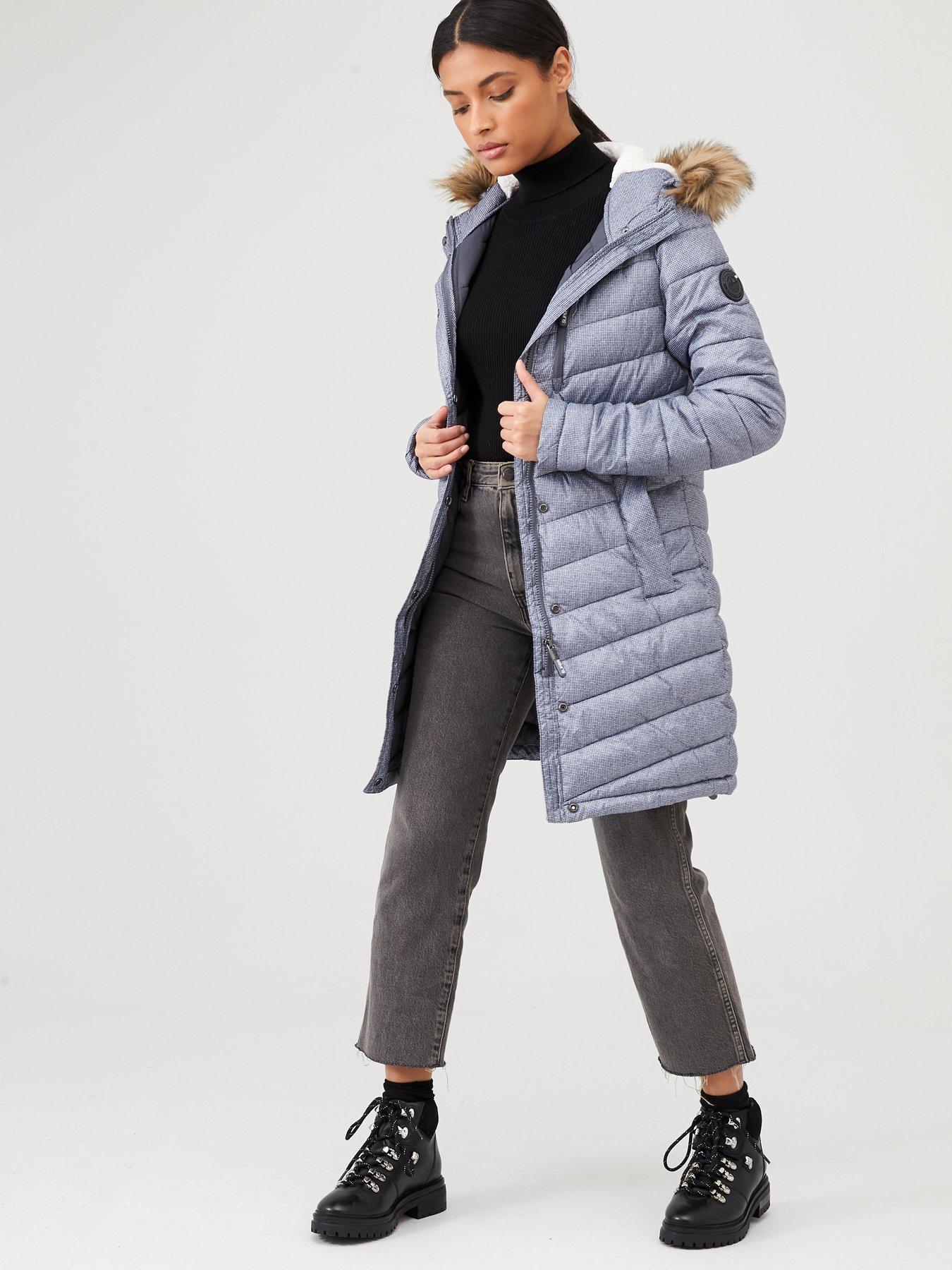 superdry chevron padded parka with faux fur hood