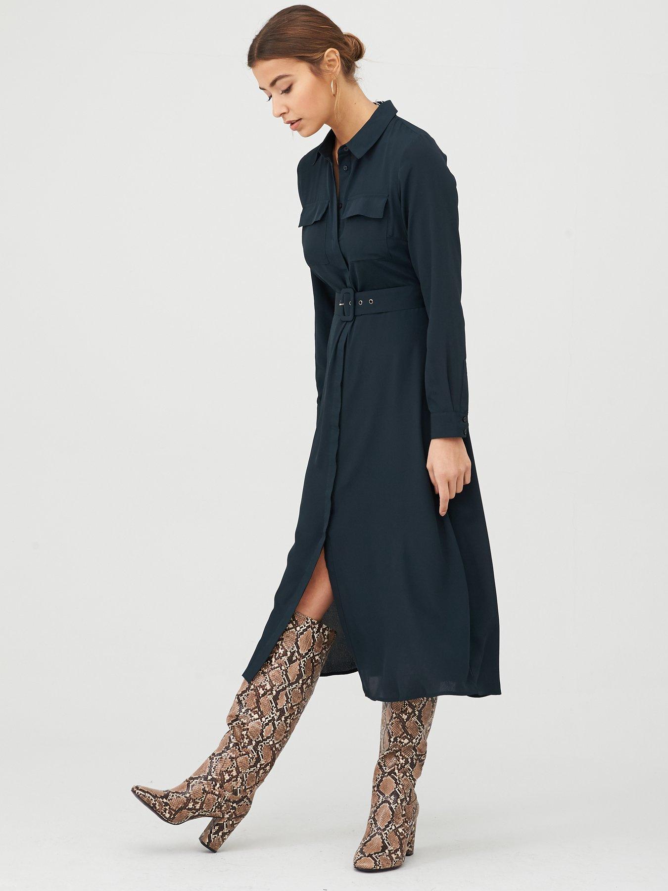 warehouse belted denim shirt dress