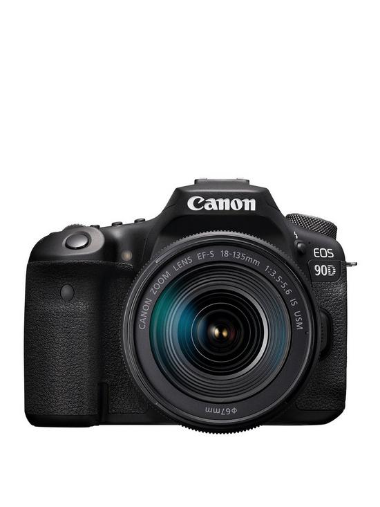 front image of canon-eos-90d-slr-camera-black-with-ef-s-18-135mm-f35-56-is-stm-lens