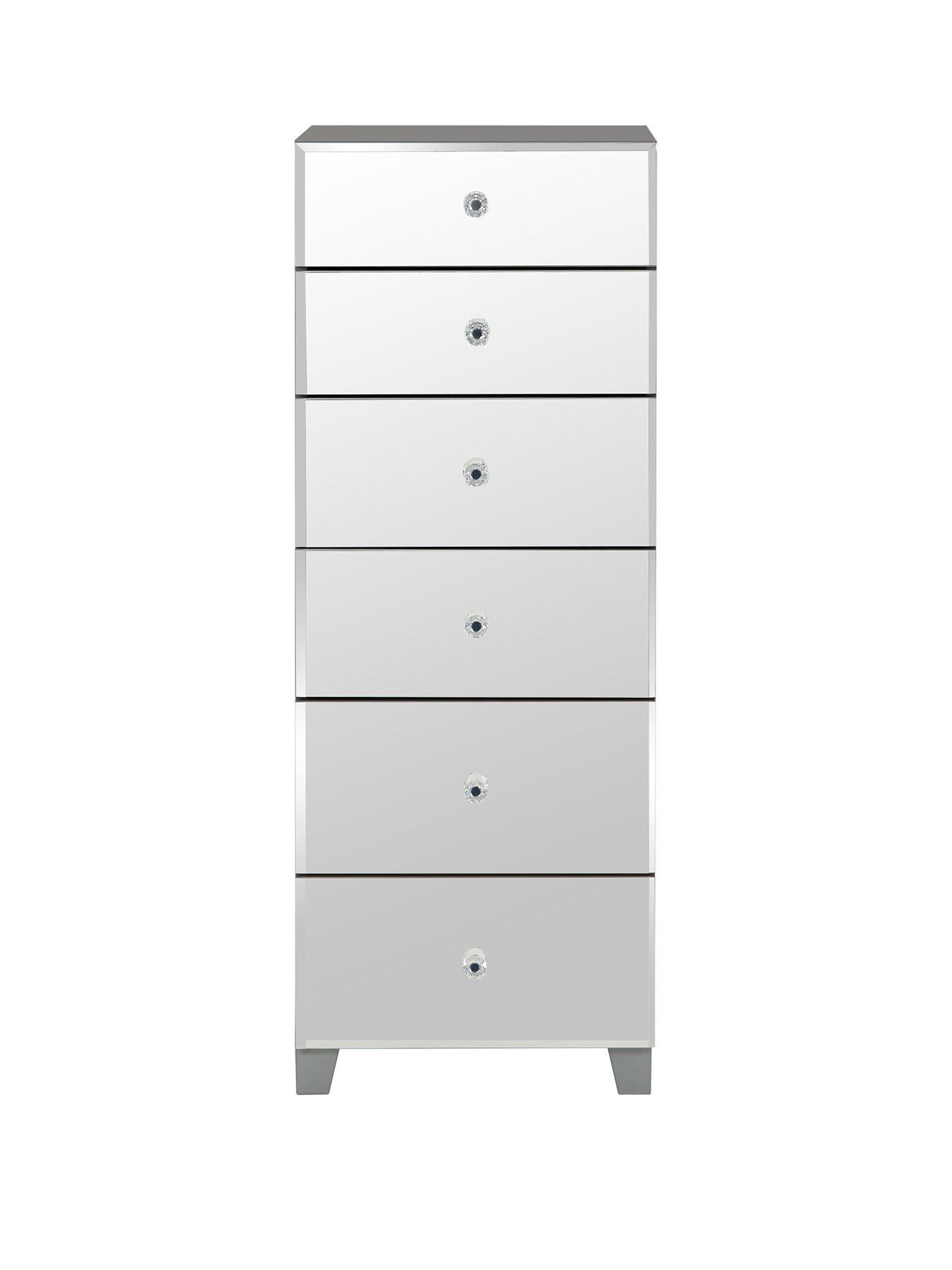 New Bellagio Mirrored 6 Drawer Narrow Chest White Mirrors Grey