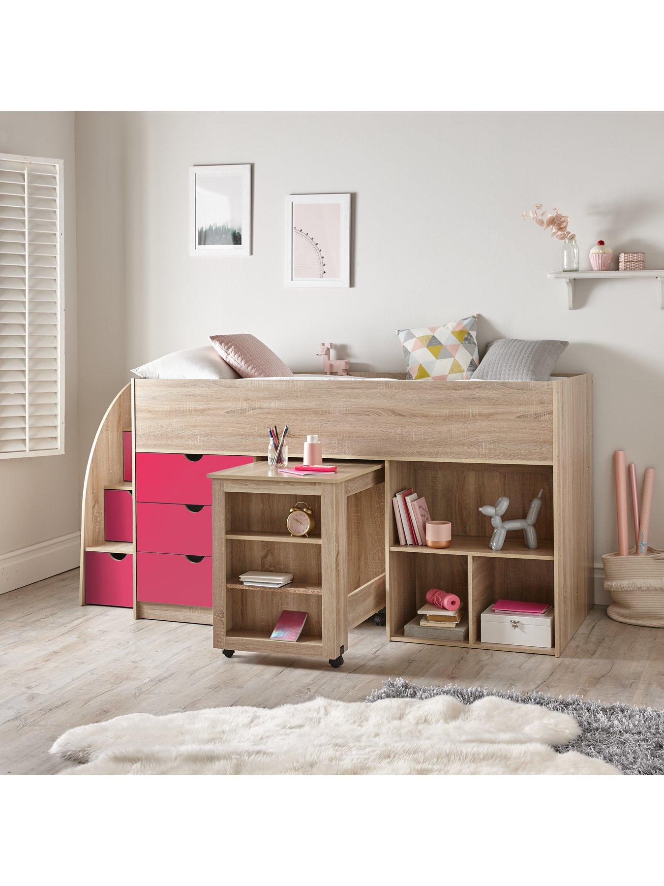 Pink cabin bed with outlet desk