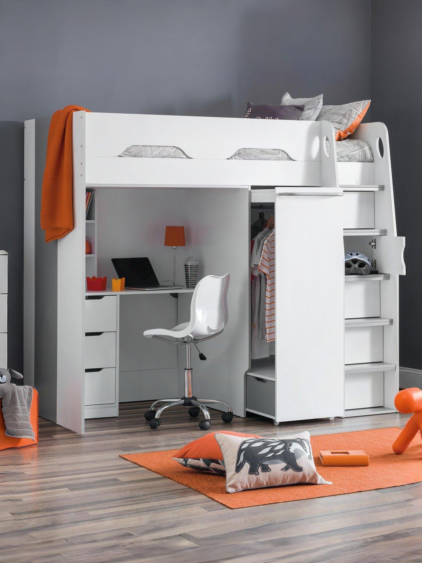 undefined Max High Sleeper Bed with Desk, Drawers, Pull Out Wardrobe and Hidden Cupboards - White