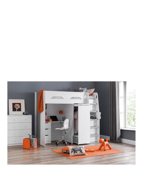 front image of julian-bowen-max-high-sleeper-bed-with-desk-drawers-pull-out-wardrobe-and-hidden-cupboards-white