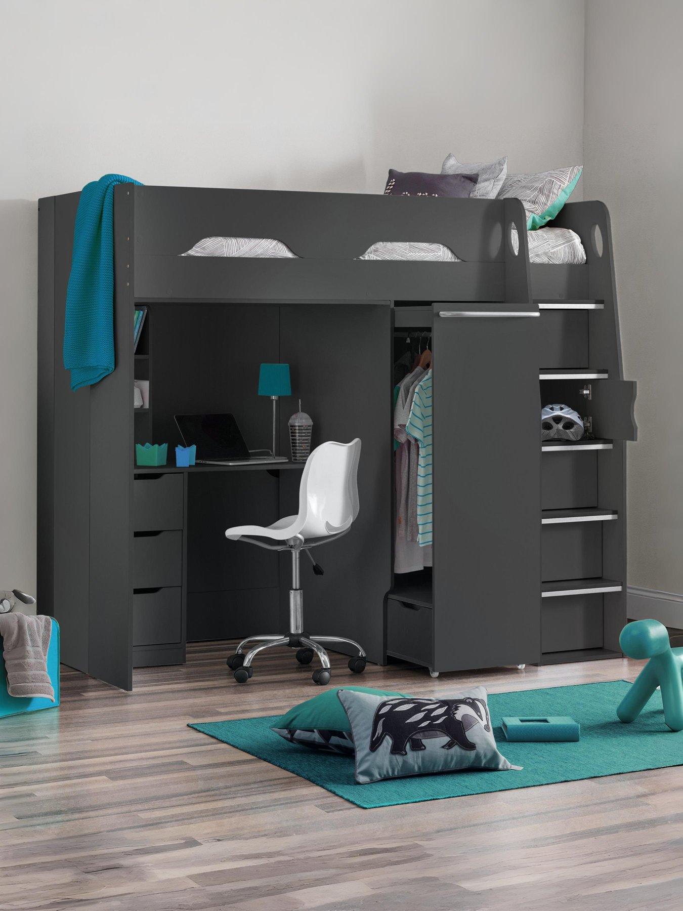 undefined Max High Sleeper Bed with Desk, Drawers, Pull Out Wardrobe and Hidden Cupboards - Grey