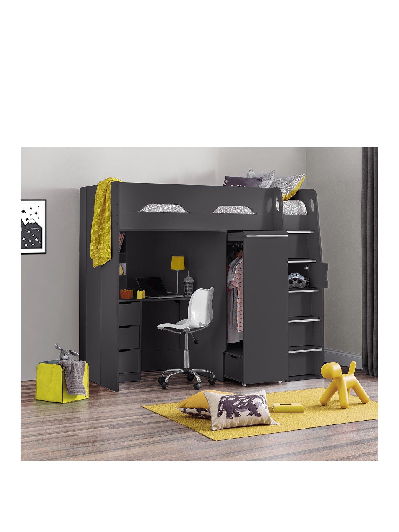 Image 1 of 3 of Julian Bowen Max High Sleeper Bed with Desk, Drawers, Pull Out Wardrobe and Hidden Cupboards - Grey