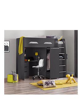 Product photograph of Julian Bowen Max High Sleeper Bed With Desk Drawers Pull Out Wardrobe And Hidden Cupboards - Grey from very.co.uk