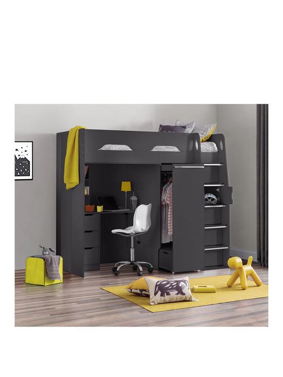 front image of julian-bowen-max-high-sleeper-bed-with-desk-drawers-pull-out-wardrobe-and-hidden-cupboards-grey