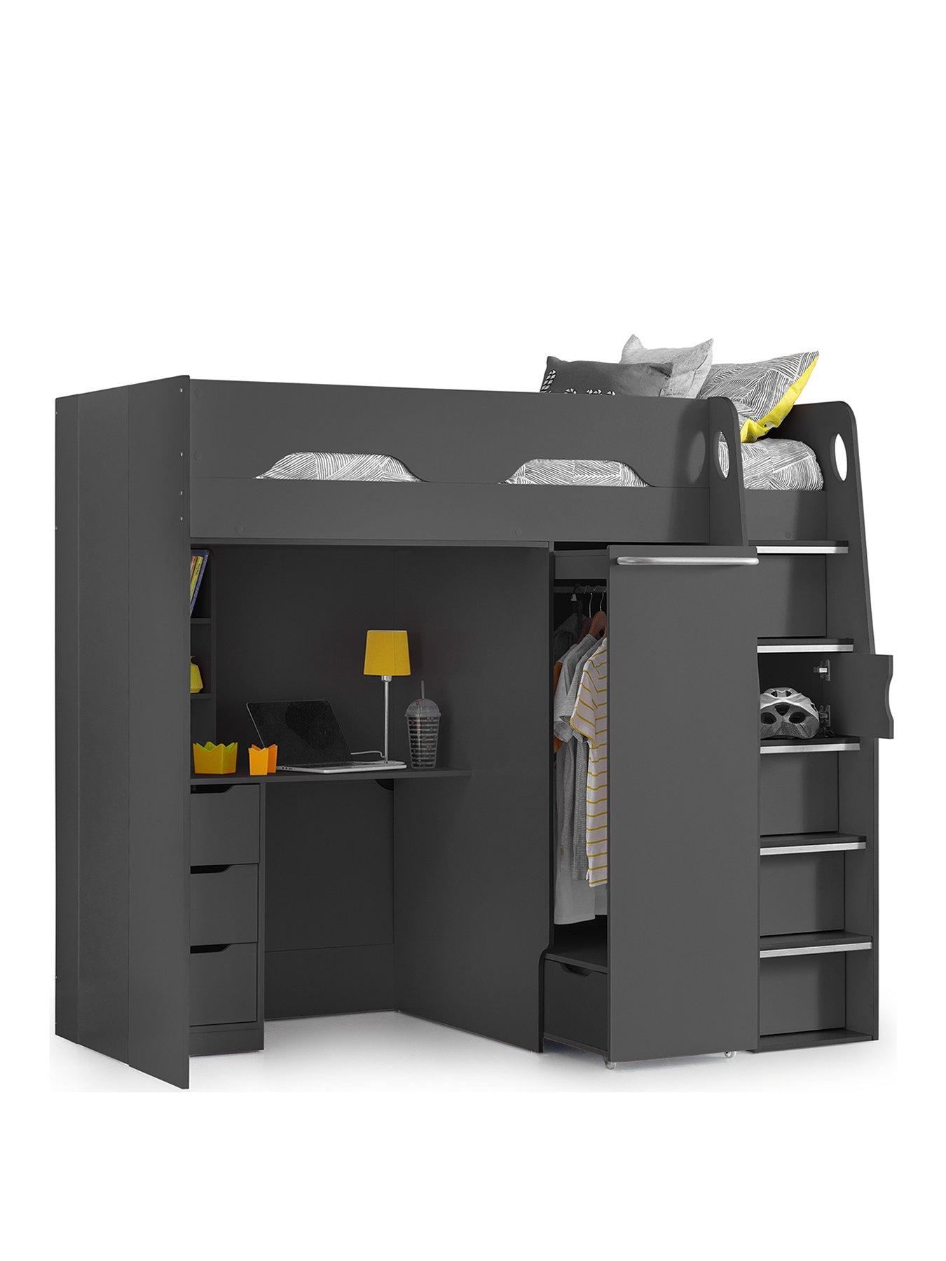 Image 2 of 3 of Julian Bowen Max High Sleeper Bed with Desk, Drawers, Pull Out Wardrobe and Hidden Cupboards - Grey