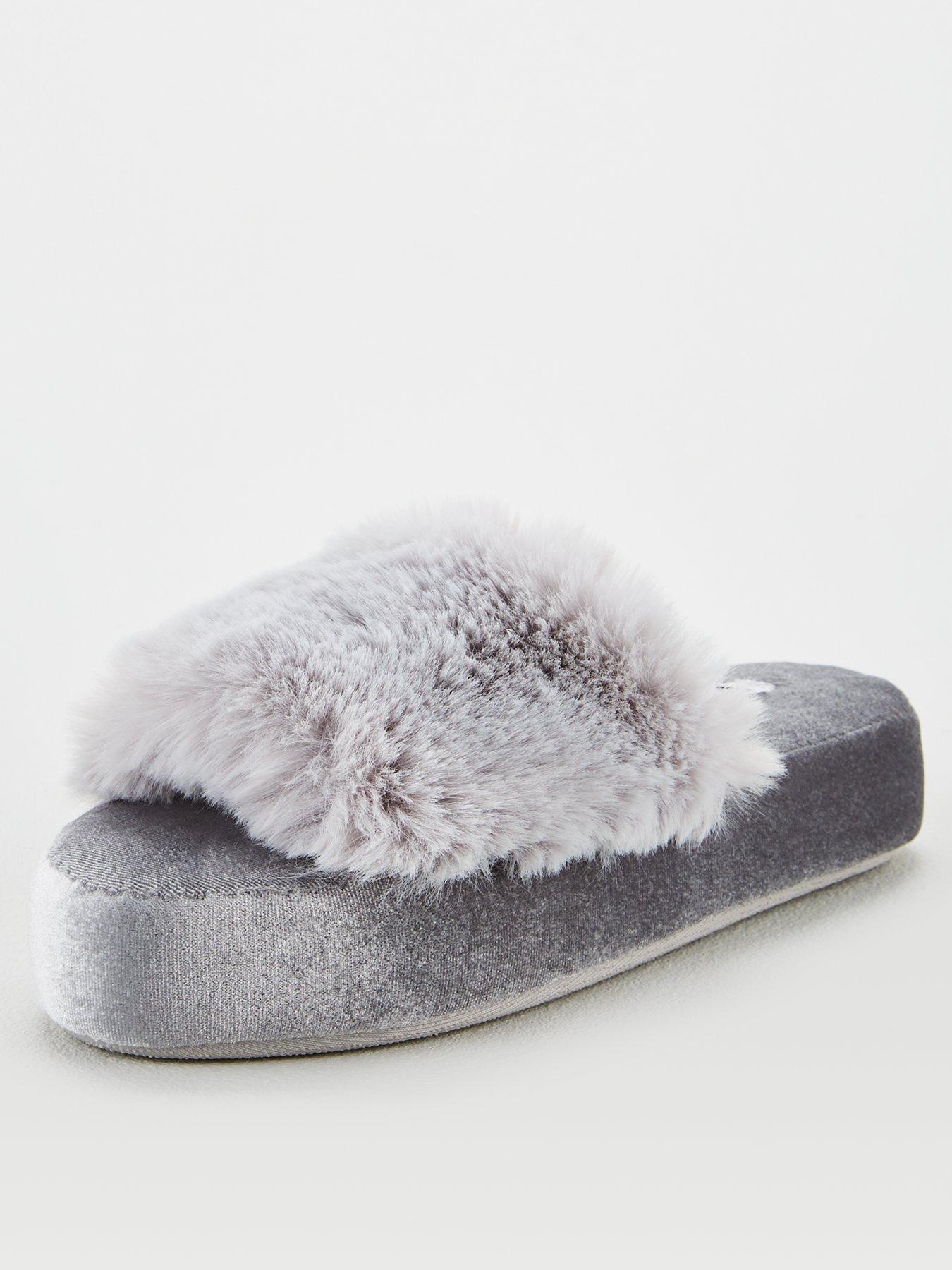 grey fluffy slider slippers