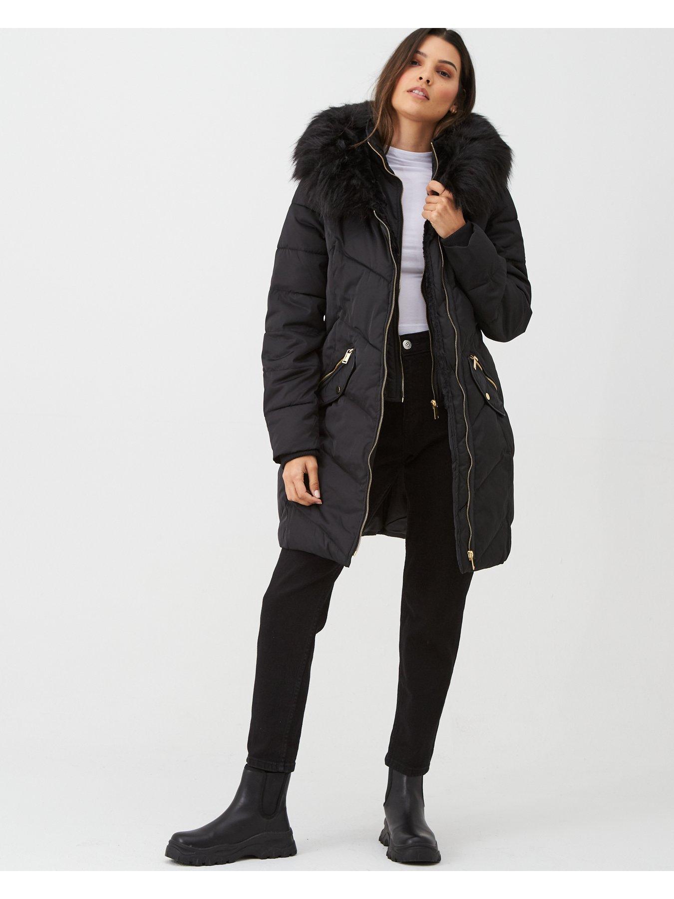 faux fur hood long padded coat