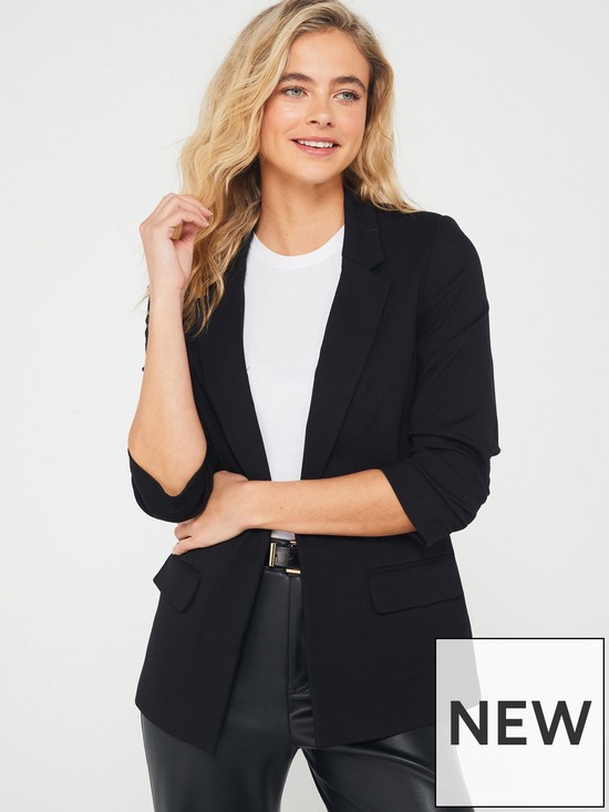 front image of v-by-very-ultimate-ruched-sleeve-blazer-black