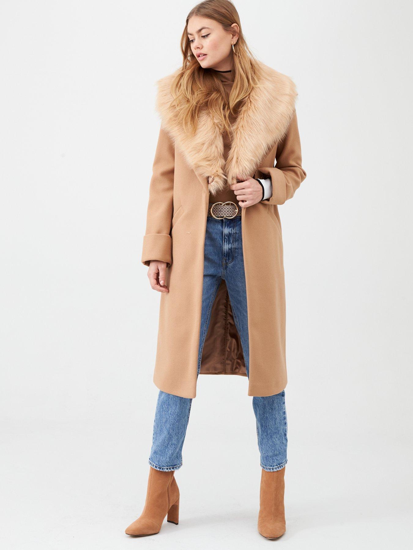 Camel Faux Fur Trim Wool Mix Luxury Coat by De La Creme ...