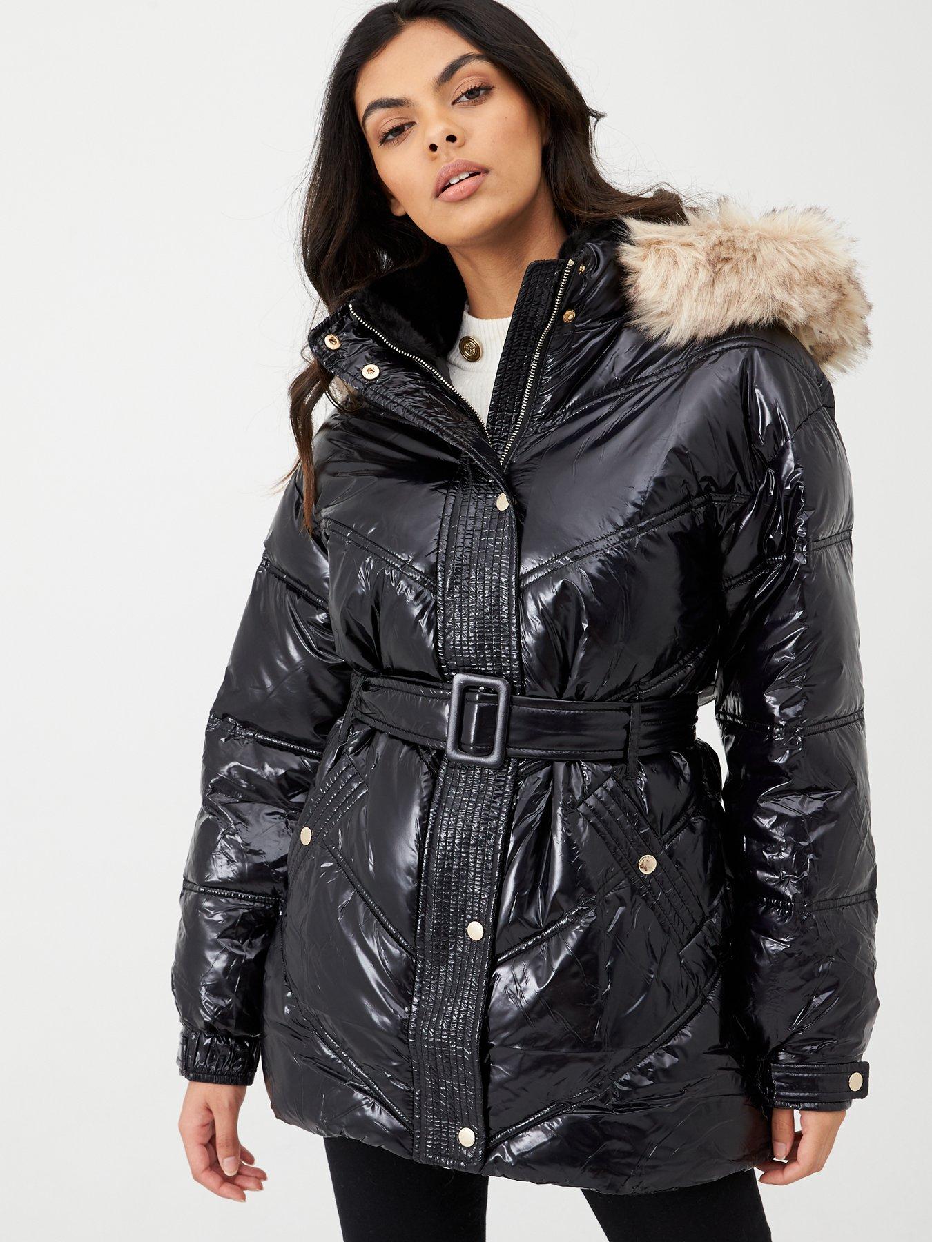 wet look padded coat with fur hood