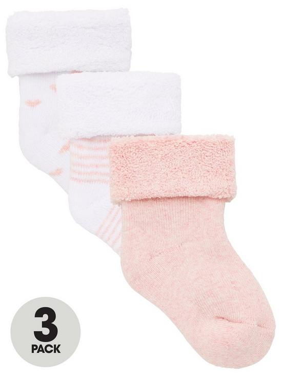 front image of everyday-baby-girls-3-pack-little-heart-stripe-and-plain-terry-socks-pink
