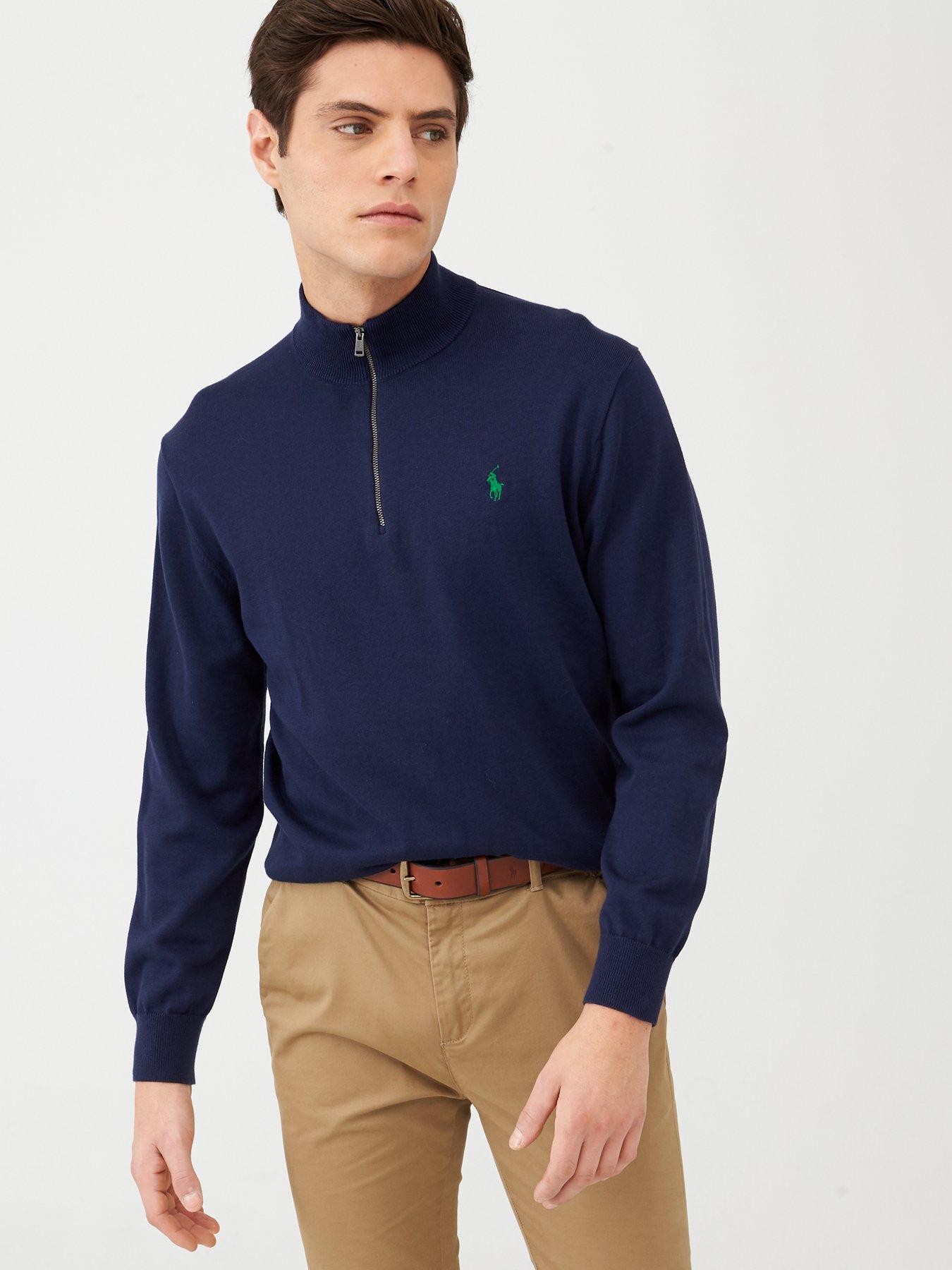 polo ralph lauren half zip knitted jumper in navy with multi player logo