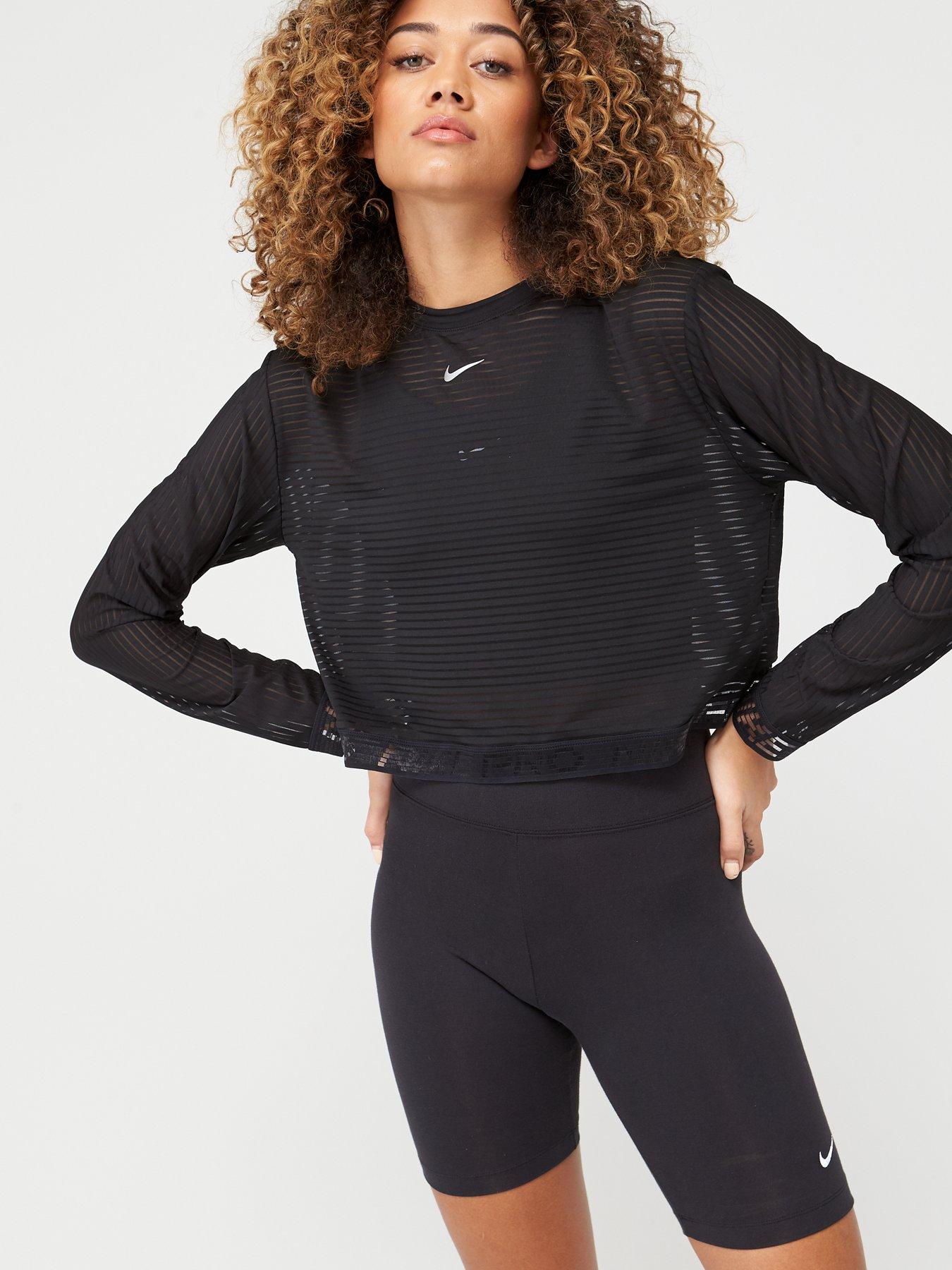 nike training long sleeve mesh crop top in black