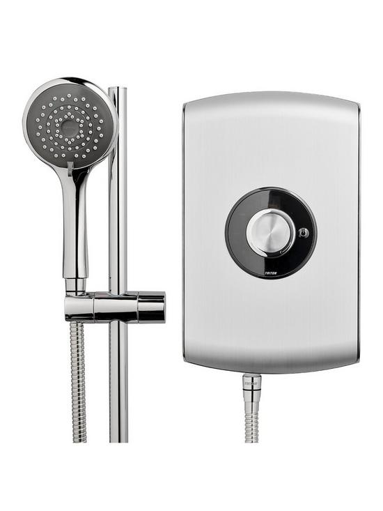 front image of triton-amore-brushed-steel-95kw-electric-shower