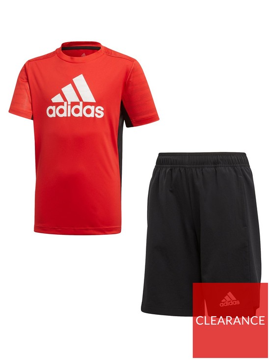 front image of adidas-junior-boysnbsptee-and-short-set-red-black