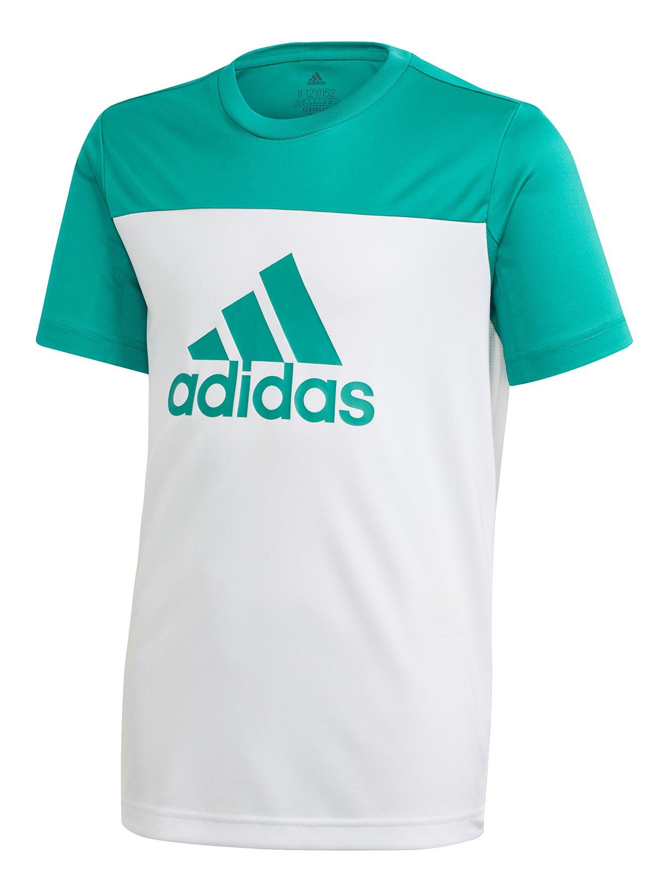 white adidas t shirt with green logo