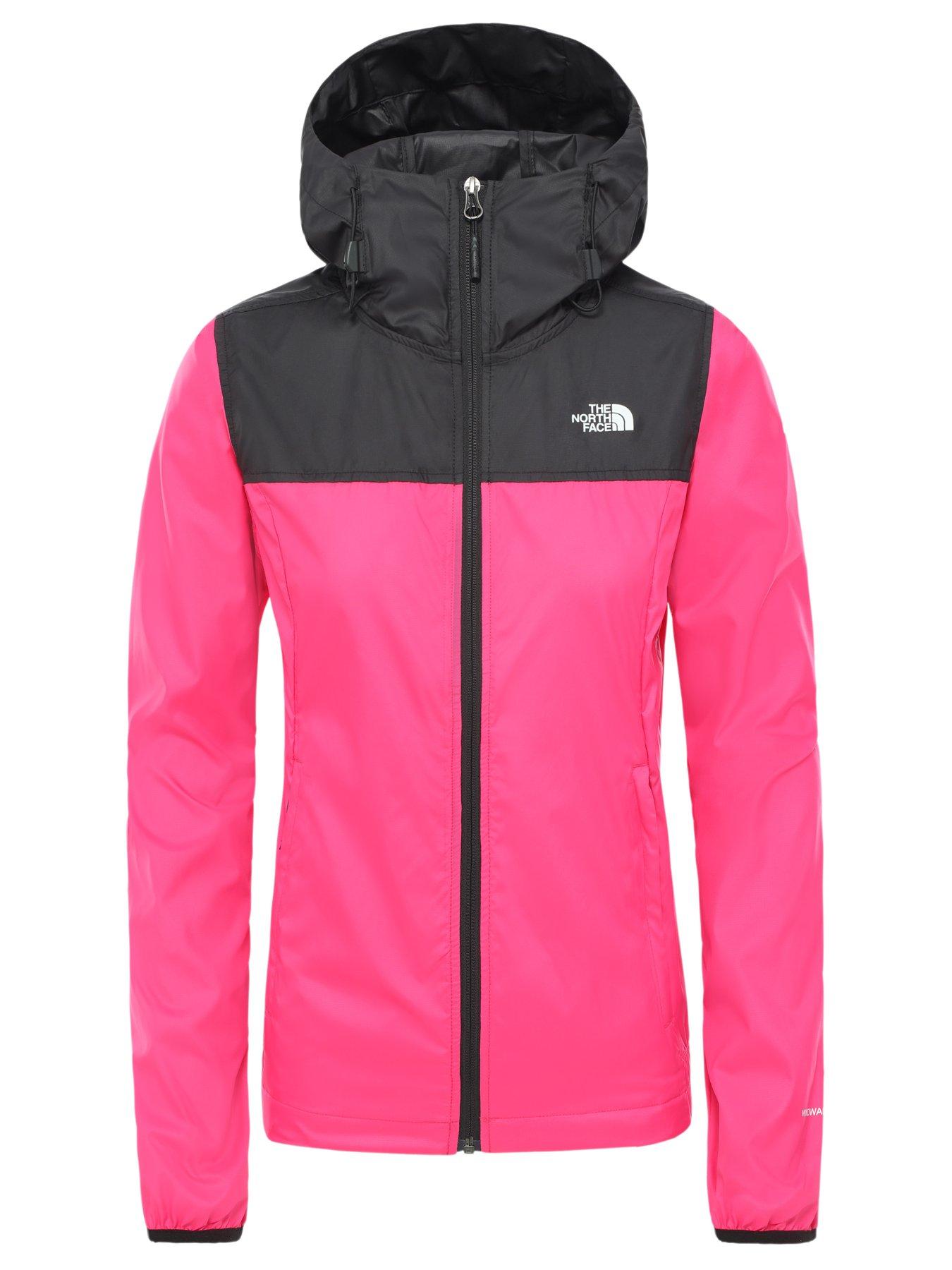 black and pink north face coat