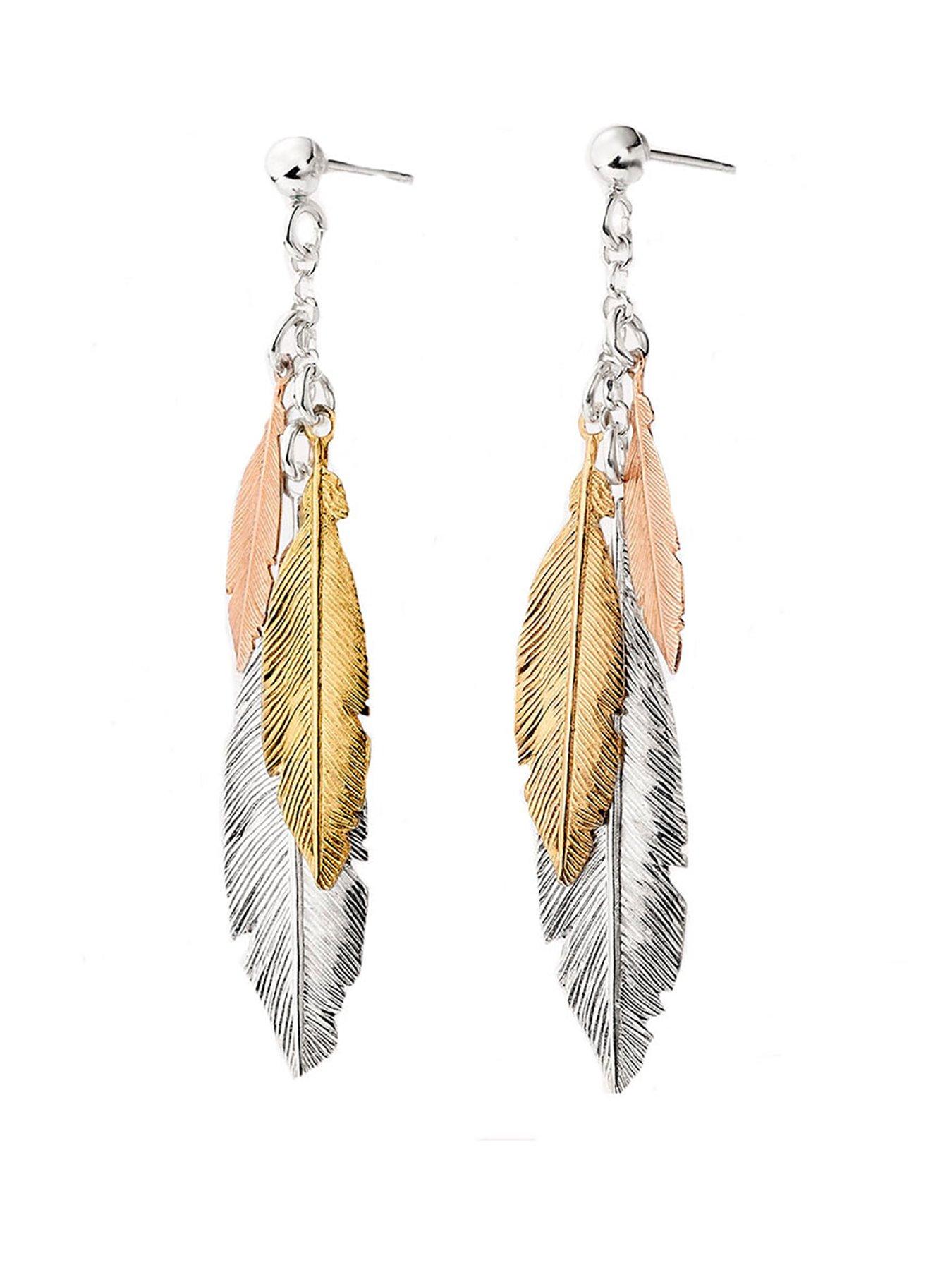 Women Silver Three Colour Gold Plated Feather Drop Earrings