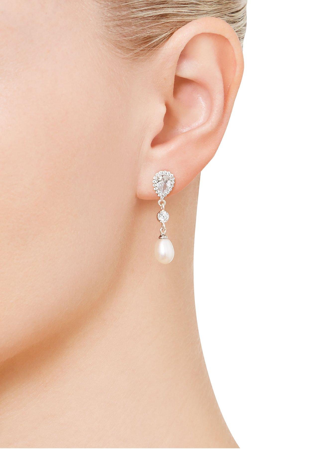  Silver Freshwater Cultured Pearl Cubic Zirconia Drop Earrings