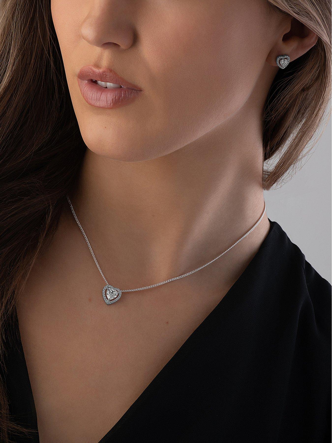 Beaverbrooks Silver Cubic Zirconia Heart Pendant and Stud Earrings