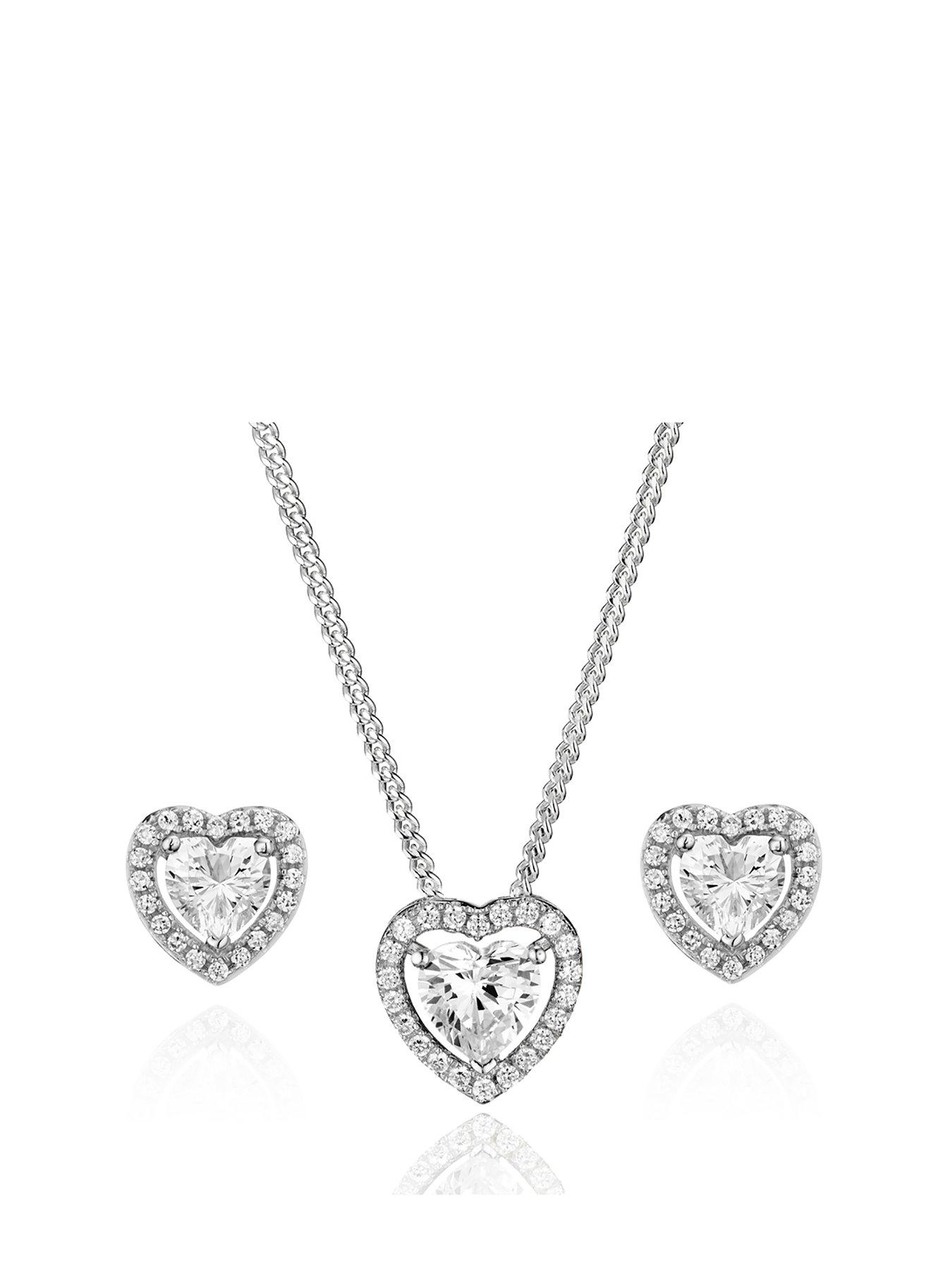  Silver Cubic Zirconia Heart Pendant and Stud Earrings Set